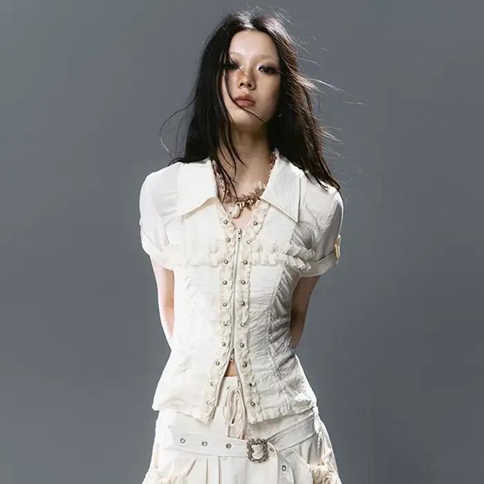 Chemise à lacets croisés Karrcat style grunge, chemisier à rivets Y2K trashy à manches courtes, chem