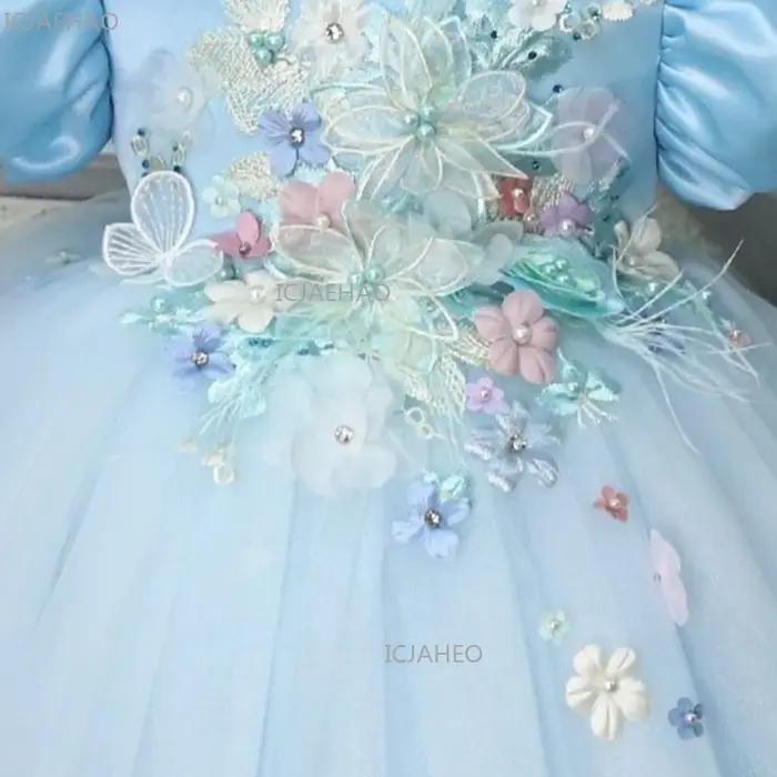 Nouvelle Robe de Princesse Bleue en Satin à Manches Bulles pour Enfants 2026 – Robe Bouffante pour A