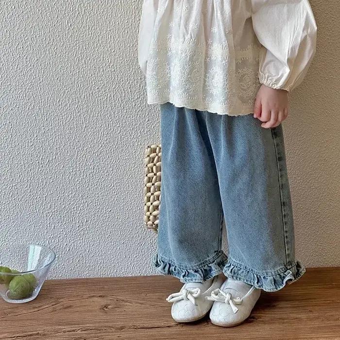 Jean à Jambes Larges en Dentelle pour Fille, Pantalon Décontracté, Doux et Adorable, à la Mode, Nouv