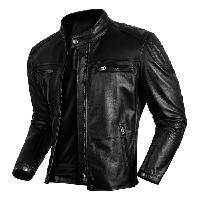Veste en cuir de vachette couche supérieure pour hommes, col montant noir, manteau court en cuir vér
