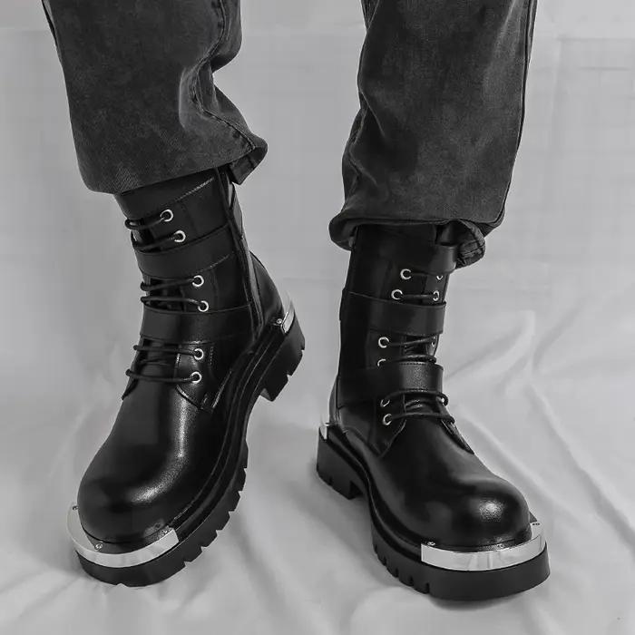 Bottes Chelsea pour hommes, couleur unie, semelle épaisse, hauteur augmentant, haut en métal, gros o