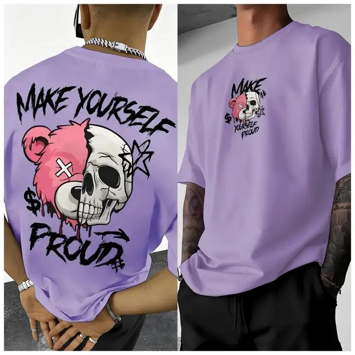 T-shirt col rond pour hommes européens et américains, imprimé crâne ours, confortable et respirant,