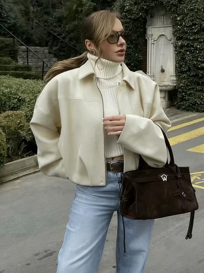 Blouson aviateur pour femme avec manches chauve-souris et fermeture éclair, haut décontracté