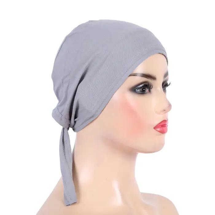 H048 coton uni cravate dos chapeaux Turban musulman couleur Pure extensible intérieur Hijabs sous-éc