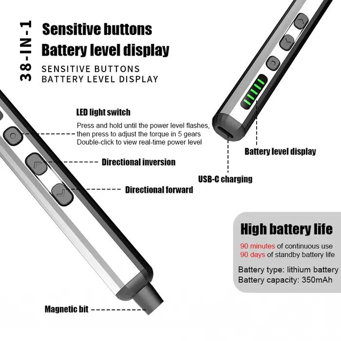 Jeu de tournevis électriques, Kit d'outils électriques de précision rechargeables avec lumière LED 3