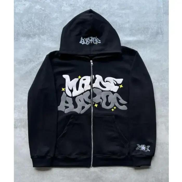 Sweat-shirt à capuche imprimé avec lettres américaines rétro pour homme, cardigan ouvert unisexe pou