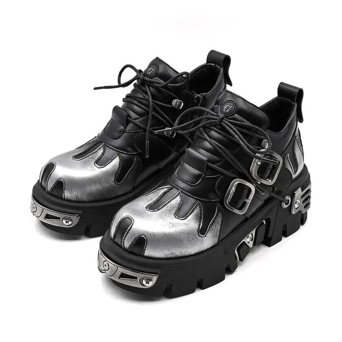 Chaussures de Couple Rock Vintage pour hommes et femmes, bottes rétro en cuir Punk foncé, Design de
