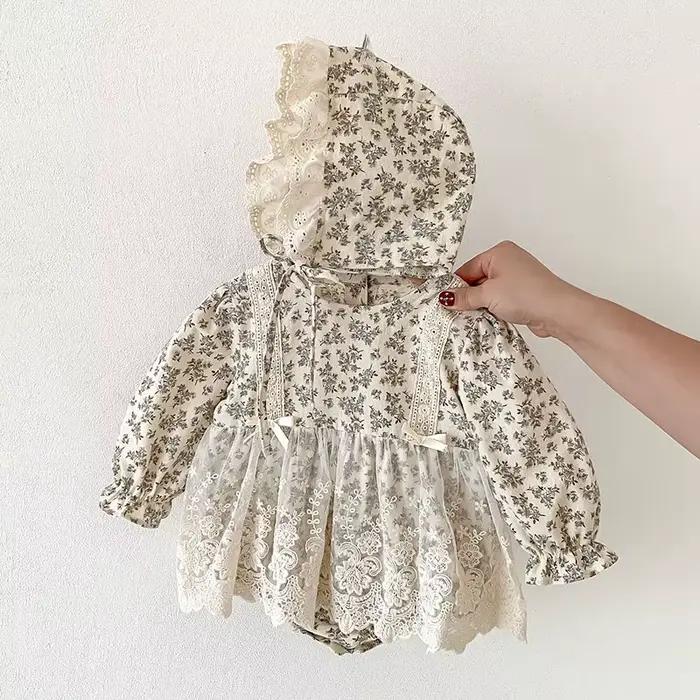 Body chapeau nouveau-né fille coton imprimé dentelle combinaison bébé printemps automne