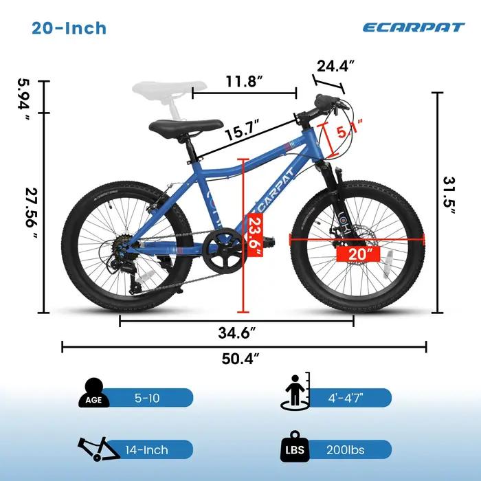 Ecarpat-Vélo de montagne pour enfants, roue de 20 pouces, cadre en acier au carbone durable, vélo à