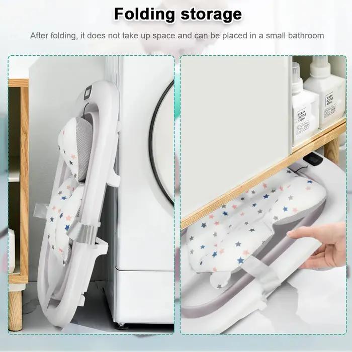 Baignoire bébé pliable avec thermomètre intégré coussin de bain confortable cadeau naissance moments de bain sécurisés pour nouveau-né occaions quotidiennes et cadeaux d'anniversaire