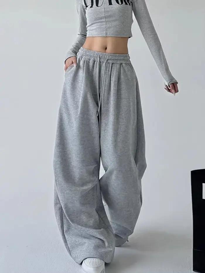 Pantalon de survêtement Y2K Harajuku à jambe large pour femme, streetwear ample et oversize gris, pa