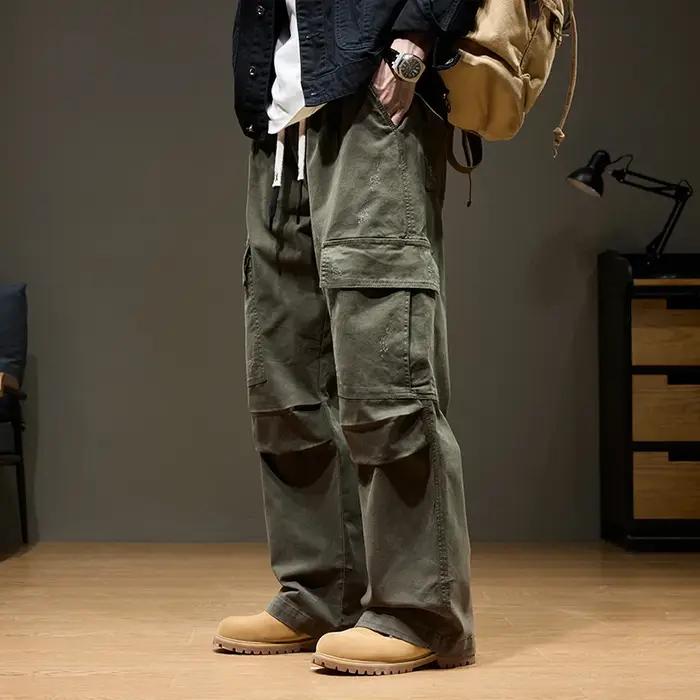 Pantalon Cargo Baggy pour hommes, avec poches, 100% coton, cordon de serrage, taille élastique, jamb