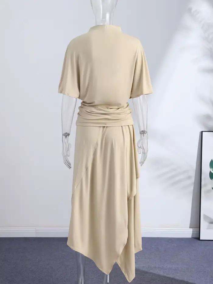 Ensemble élégant chemise asymétrique et jupe pour femme – Chemises unies à manches courtes et col ro