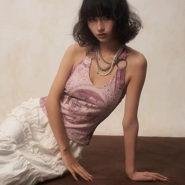 Karrcat-Camisole à imprimé fleuri rétro des années 2000, haut violet précieux, licou japonais Y2k, e