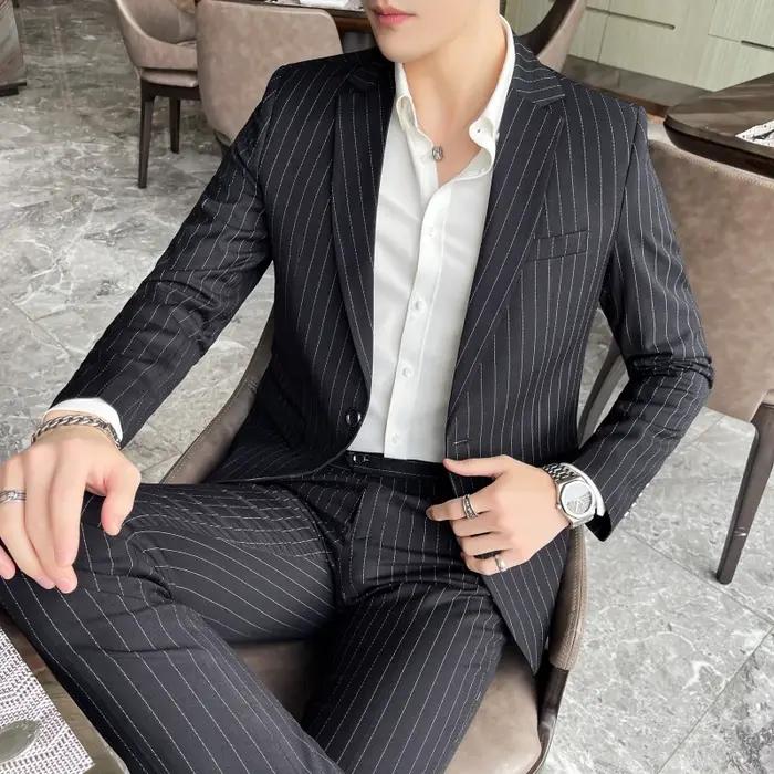 Ensemble de costume deux pièces pour hommes, coupe cintrée, de haute qualité, à rayures, pantalon et