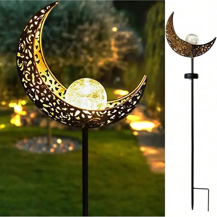 Lumières solaires LED en verre craquelé nickel é de lune, ornement de piquet en métal blanc chaud, l
