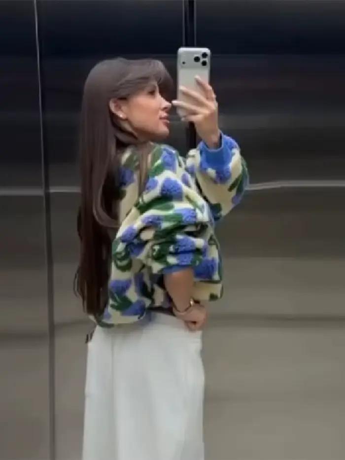 Blouson Bomber en Peluche Fleuri Chic et Décontracté pour Femme, Coupe Ample à Manches Longues, Ferm