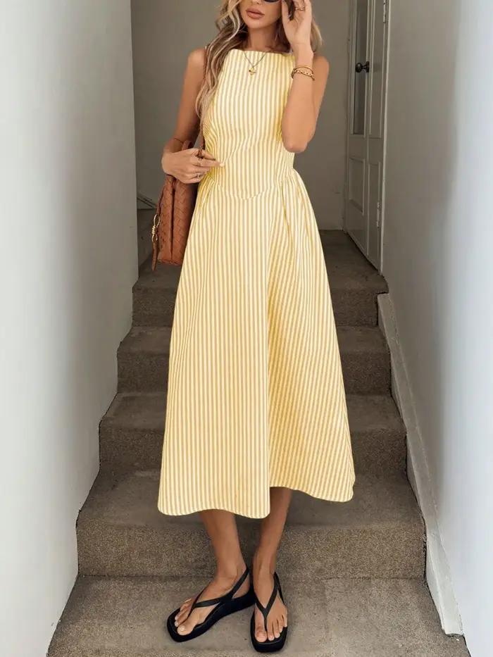 Robe d'été amincissante sans manches à rayures verticales, fraîche, tempérament élégant, nouvelle co