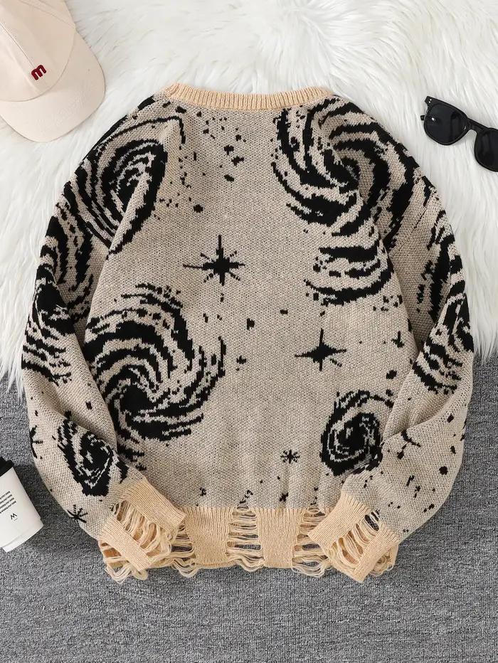Nouveau Style de rue à la mode déchiré abstrait ciel étoilé motif pull déchiré pull décontracté col