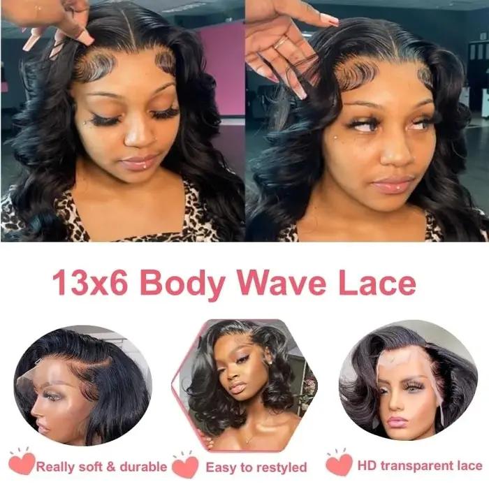 Perruque Bob Lace Front Wig Body Wave Naturelle, Cheveux Courts, 13x6, 13x6, Transparent, HD, Liquim