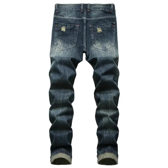 Jeans en denim bleu foncé pour hommes avec trous, ceinture avec coupe droite et non commandée, jeans
