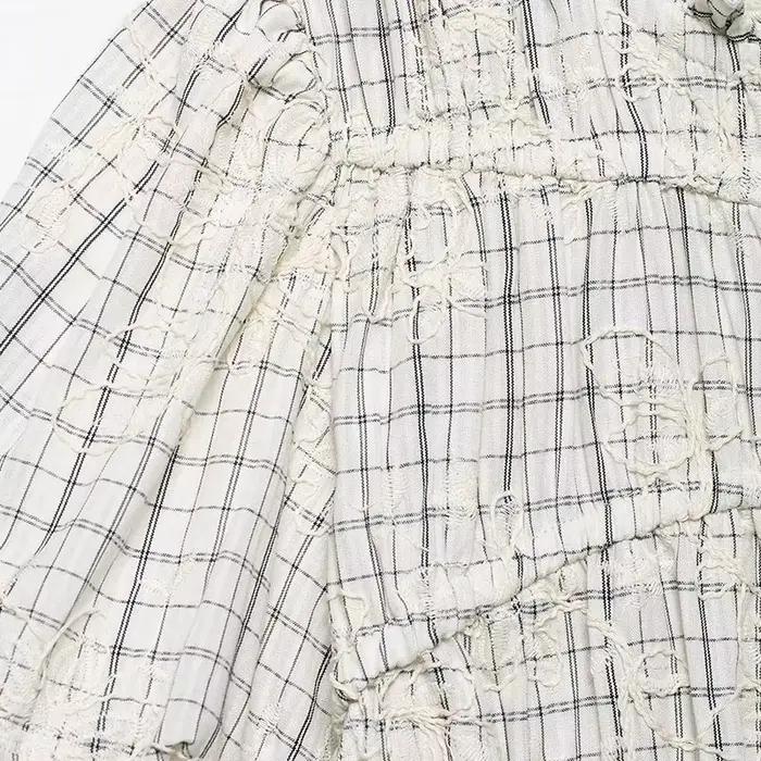 TFAFXY 2026 Ensemble d'été pour femme : Blouse brodée à carreaux avec nœud et jupe longue midi coupe