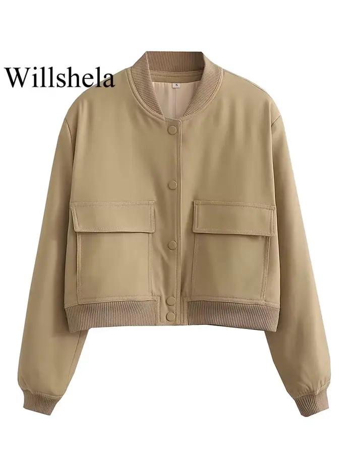 Willshela femmes mode solide Bomber vestes manteau avec poches col en v simple boutonnage manches lo