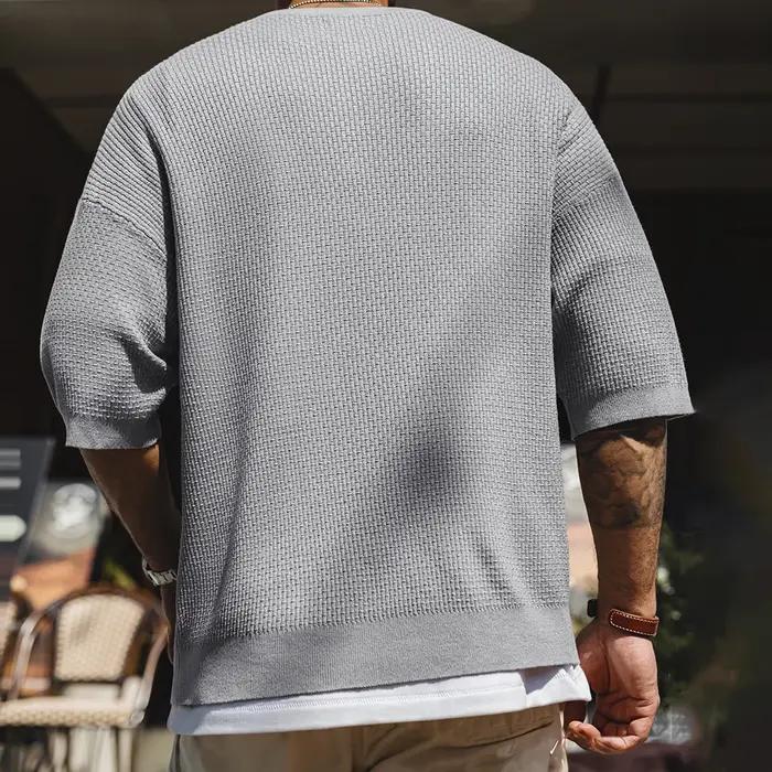 Maden Vintage Boro Style manches courtes Henley chemise hommes été gris coupe ample t-shirt tricot d