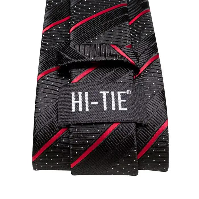 Cravate de mariage rayée noire et rouge pour homme, avec pochette de costume et boutons de manchette