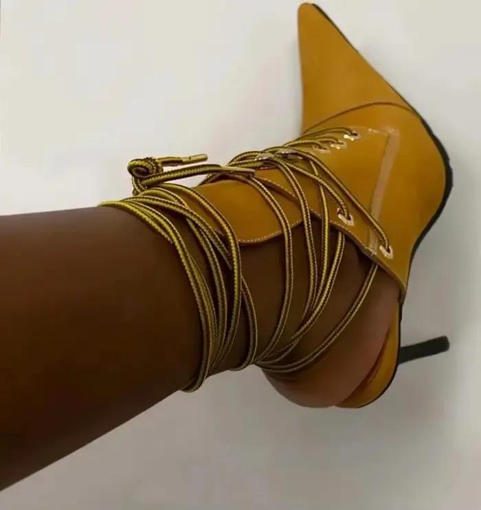 Gladiateur talons Patchwork avant à lacets bottes bout pointu chaussons aiguilles femmes luxe chauss