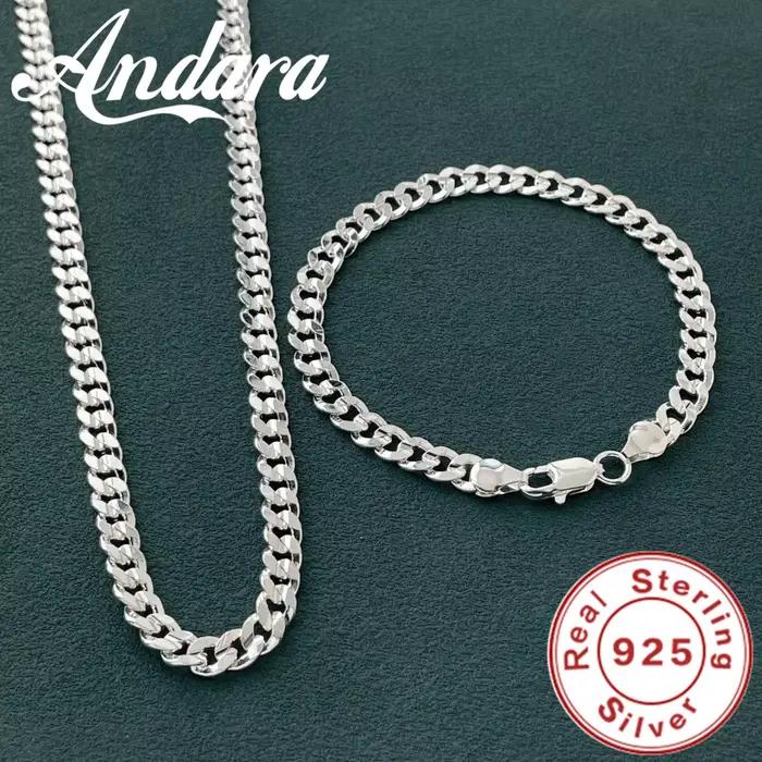 Breloque en argent Sterling 925 de haute qualité, chaîne de 7MM, bracelets et colliers, ensemble de