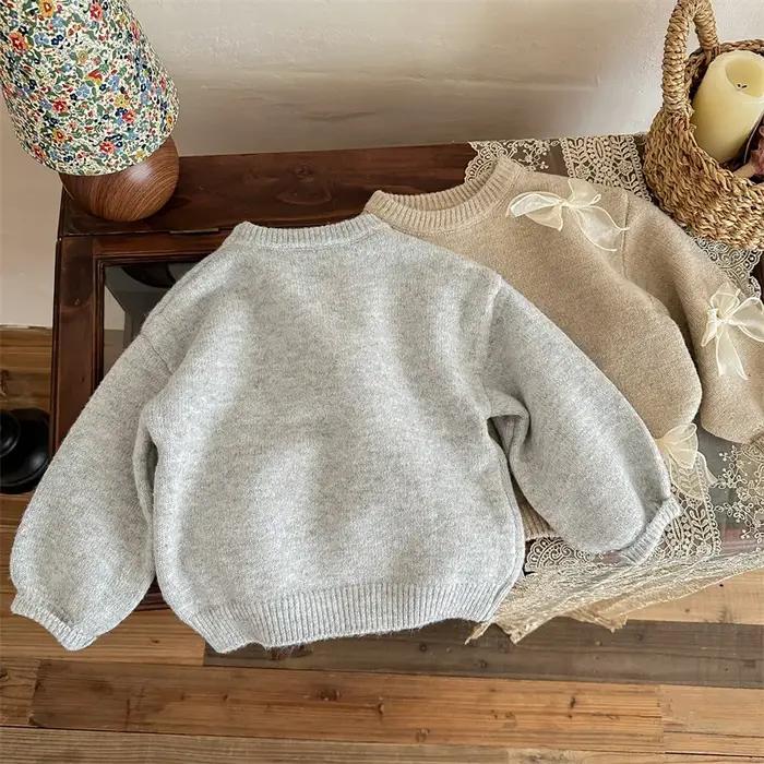 Chandails coréens de couleur unie pour filles, vêtements pour enfants avec nœud mignon, automne hive