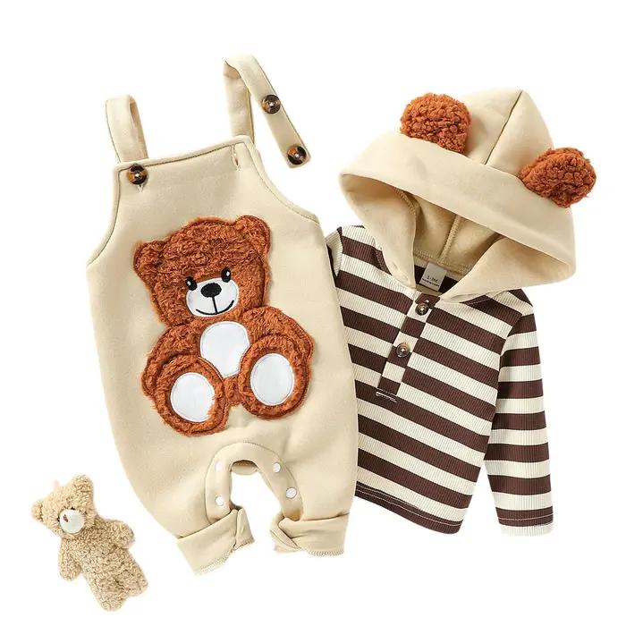 Ensemble de vêtements pour bébé garçon, sweat-shirt à capuche rayé à manches longues, salopette ours