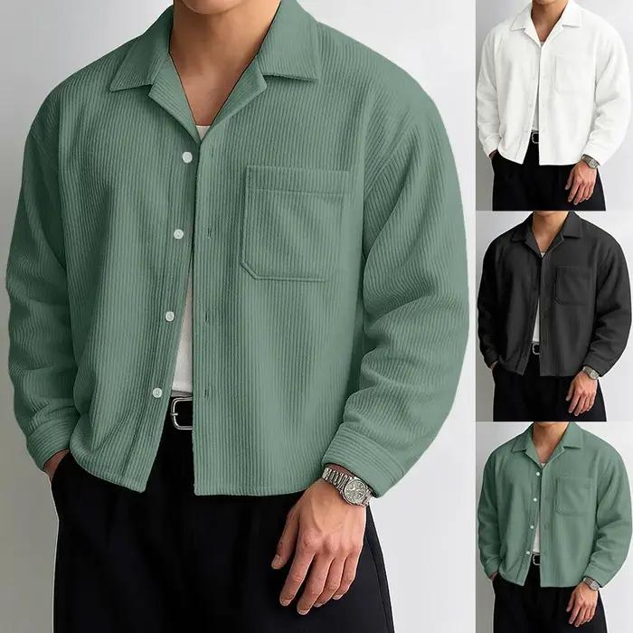 Chemises courtes en velours côtelé pour hommes, manches longues, couleur unie, col de costume, chemi