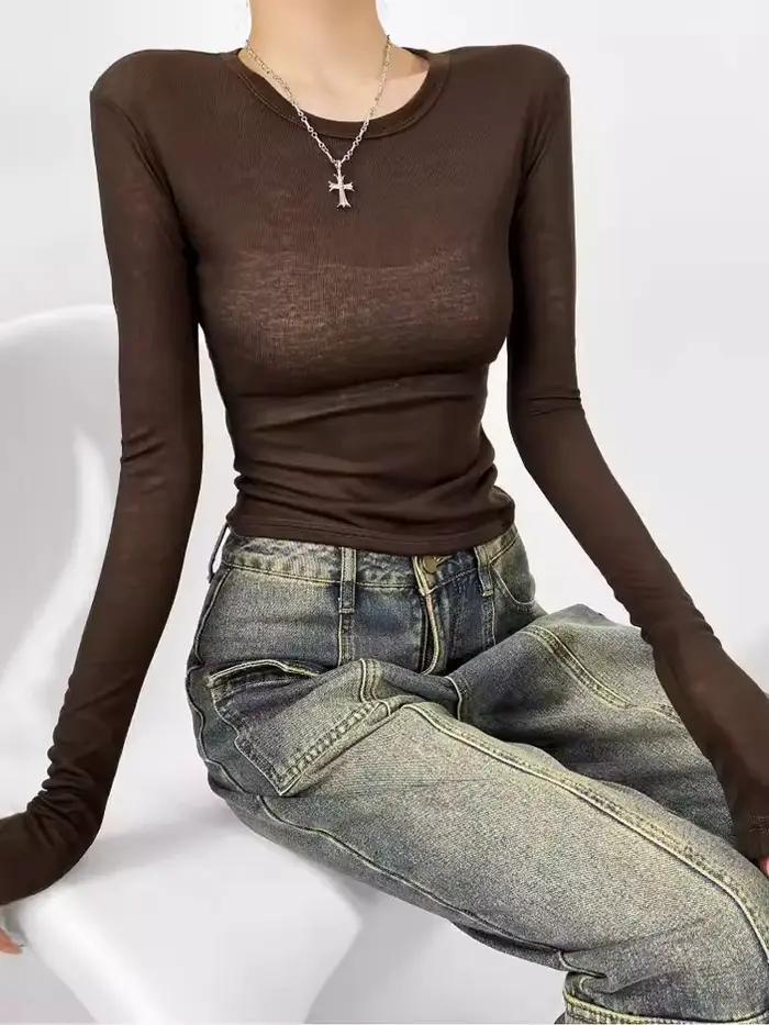 2025 début d'automne fille épicée col rond élastique coupe ajustée mince à manches longues t-shirt f