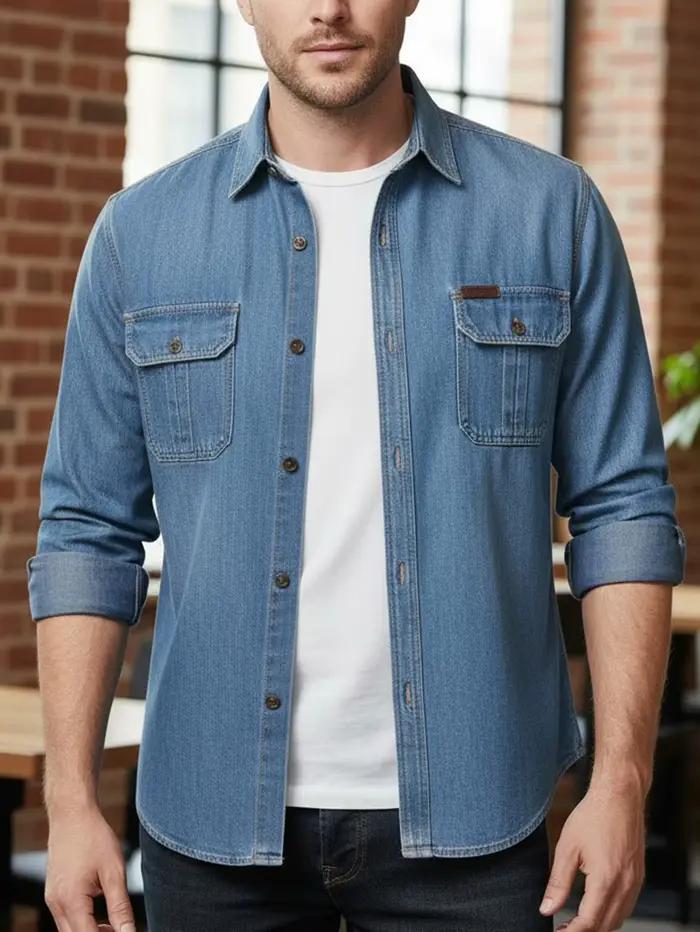FREDD MARSHALL 2025 automne nouvelle mode hommes à manches longues Denim chemise décontracté boutonn