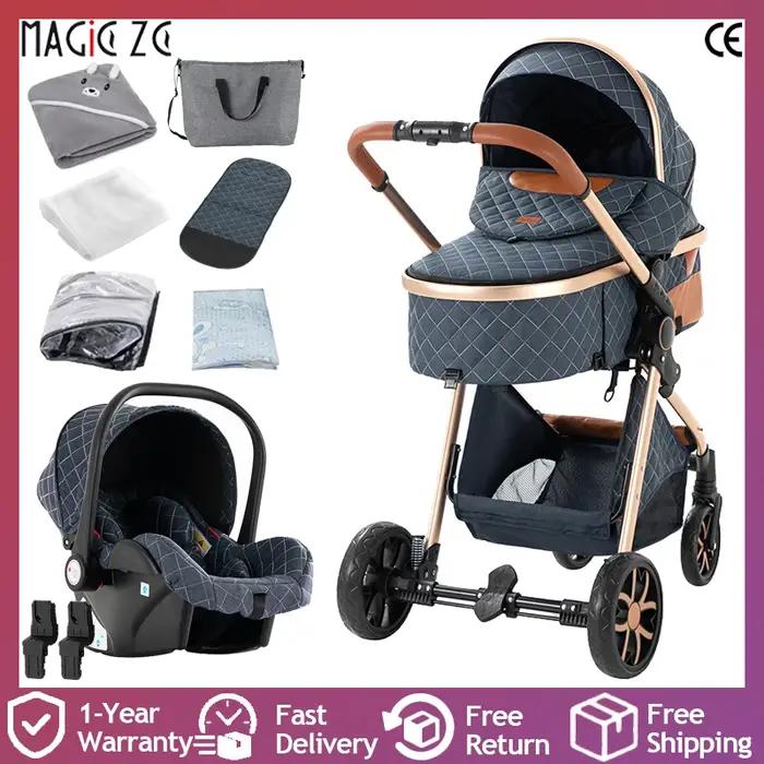 Landau, poussette et poussette 3 en 1 de luxe avec nacelle amovible, roues lisses et inclinaison mul