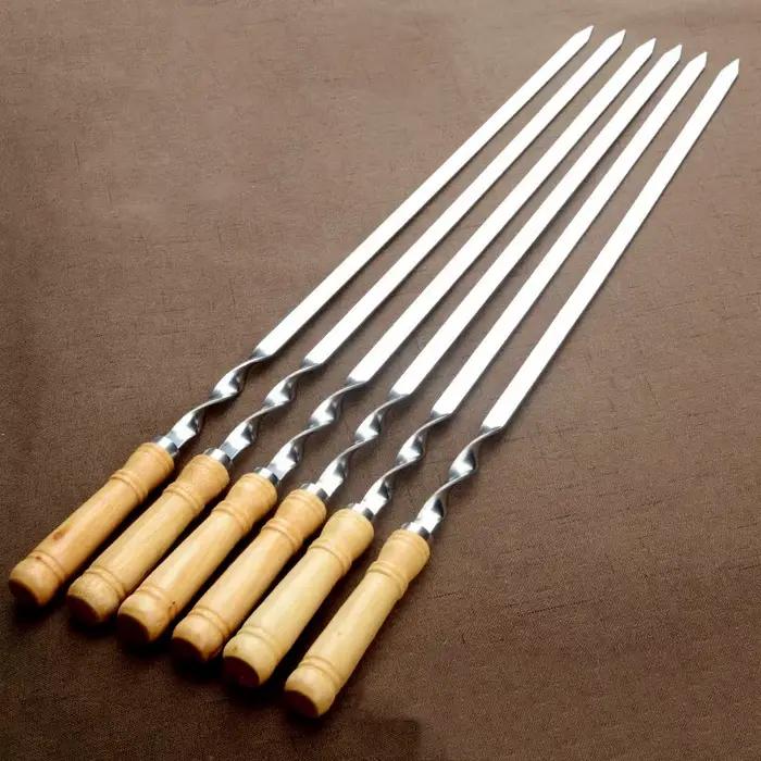 Bâton de kebab de barbecue en acier inoxydable réutilisable avec manche en bois, grands modules, out