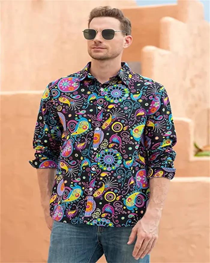 Chemises Disco à la mode pour hommes des années 70, chemises décontractées, florales, Vintage, manch