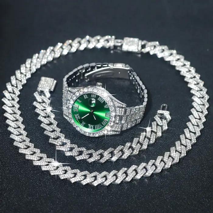 Ensemble de montres en argent pour hommes, 3 pièces, Hip-hop Punk incrusté de diamants + chaîne cuba