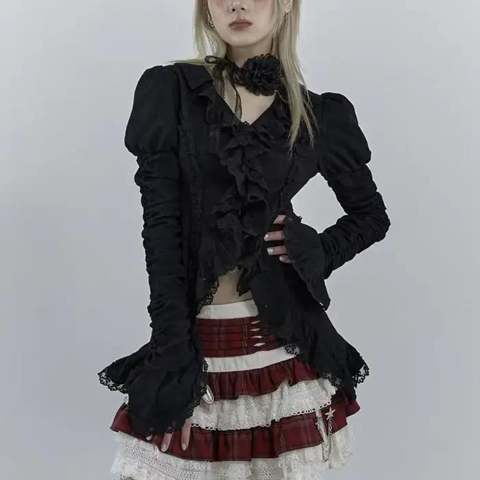 Karrcat-Chemise gothique en dentelle noire, chemisiers irréguliers esthétiques foncées, style CHRIST