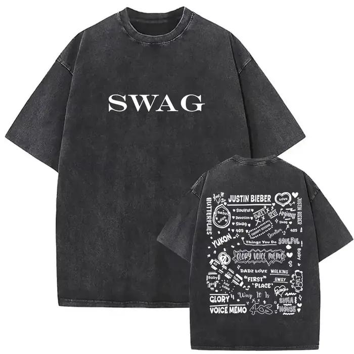 T-shirts vintage délavés Justin Bieber SWAG Album 2026 pour hommes, style streetwear hip-hop, manche