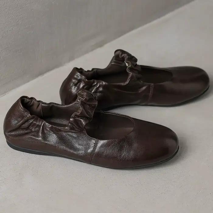 Ballerines à enfiler à bande étroite élastique en peau de mouton pour femmes, bout rond, ballerines