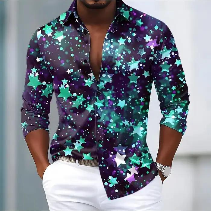 Chemise de noël à manches longues pour hommes, imprimé étoile de galaxie scintillante, boutonnée, mo