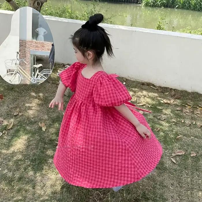 Robe mi-longue à carreaux rose avec nœud style Lolita pour enfants et grandes filles occasions spéciales et événements familiaux