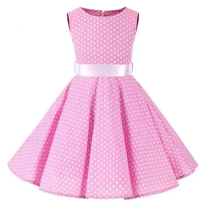 Robe en coton à pois vintage pour filles - Robe trapèze jupe plissée longueur genou style rétro