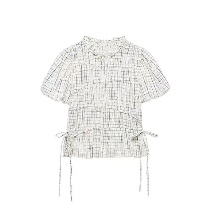 TFAFXY 2026 Ensemble d'été pour femme : Blouse brodée à carreaux avec nœud et jupe longue midi coupe