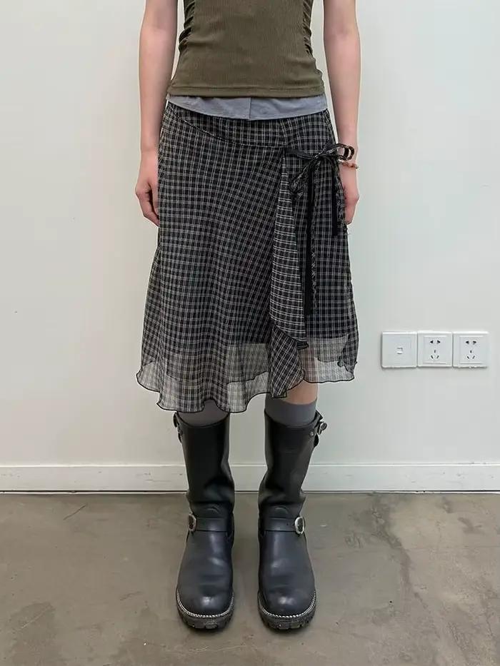 Deeptown Vintage Plaid maille jupes femmes japonais asymétrique mi jupe Y2k Harajuku à lacets jupes