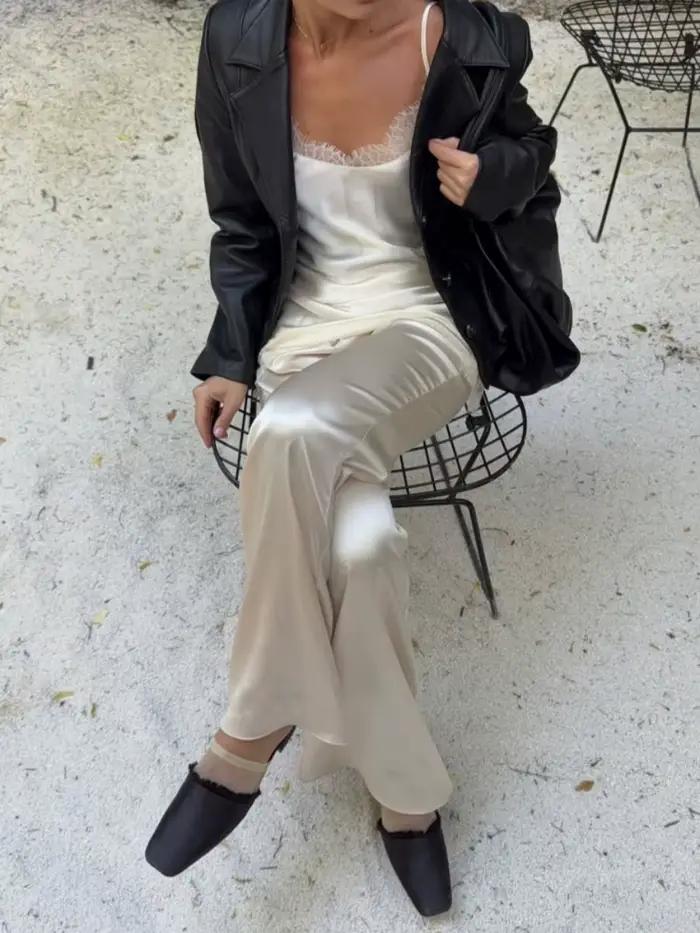 Nouveau pantalon large en satin de soie pour femme, taille basse, style baggy Y2K, pour les fêtes, l
