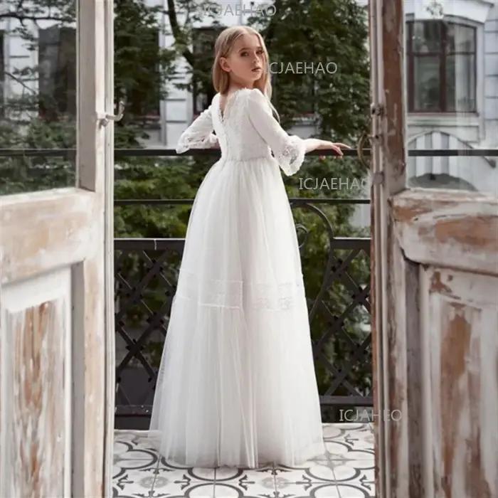Nouvelle Robe Longue Princesse en Dentelle Blanche 2026 pour Enfants – Tenue Élégante pour Anniversa